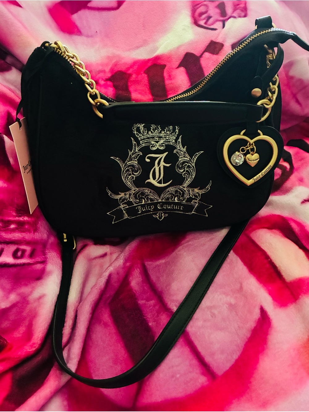 Juicy Couture Black Shoulder Bag with Gold Heart Charm